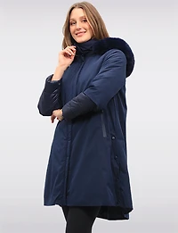 A-Line Faux Fur Trim Hooded Quilt Lined Two-Tiered Cuff Coat by Spanner