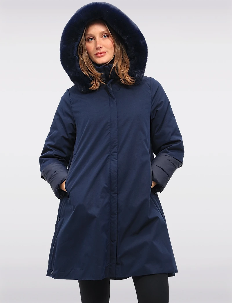 A-Line Faux Fur Trim Hooded Quilt Lined Two-Tiered Cuff Coat by Spanner