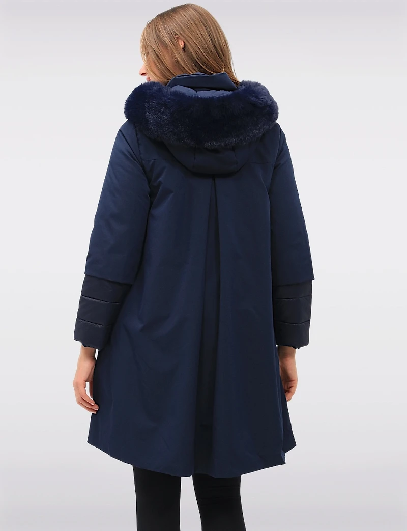 A-Line Faux Fur Trim Hooded Quilt Lined Two-Tiered Cuff Coat by Spanner