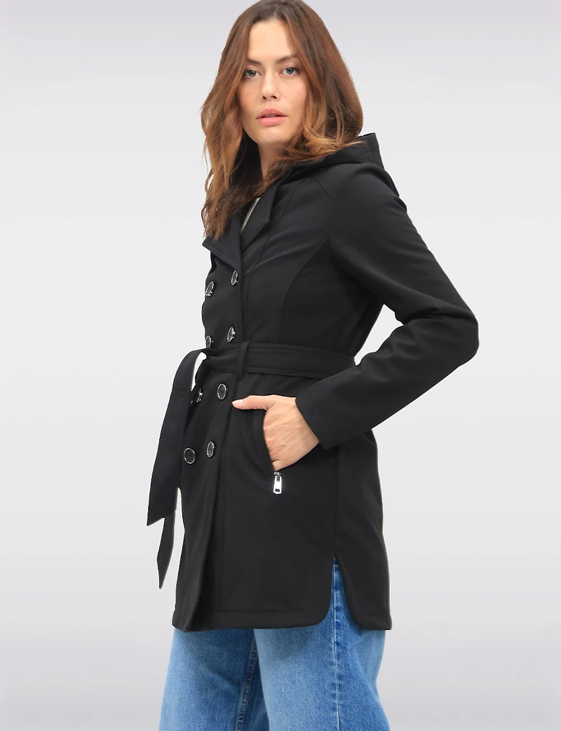 Vegan Hooded Belted Double-Breasted Water-Resistant Trench Coat with by Sebby