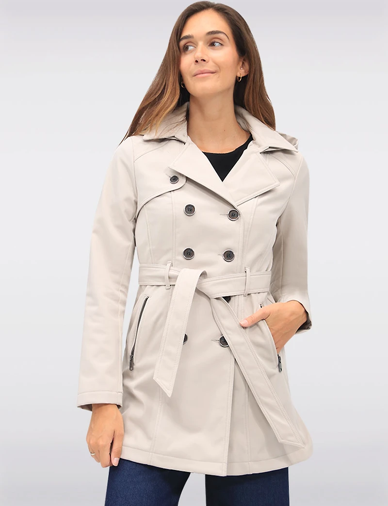 Vegan Hooded Belted Double-Breasted Water-Resistant Trench Coat with by Sebby