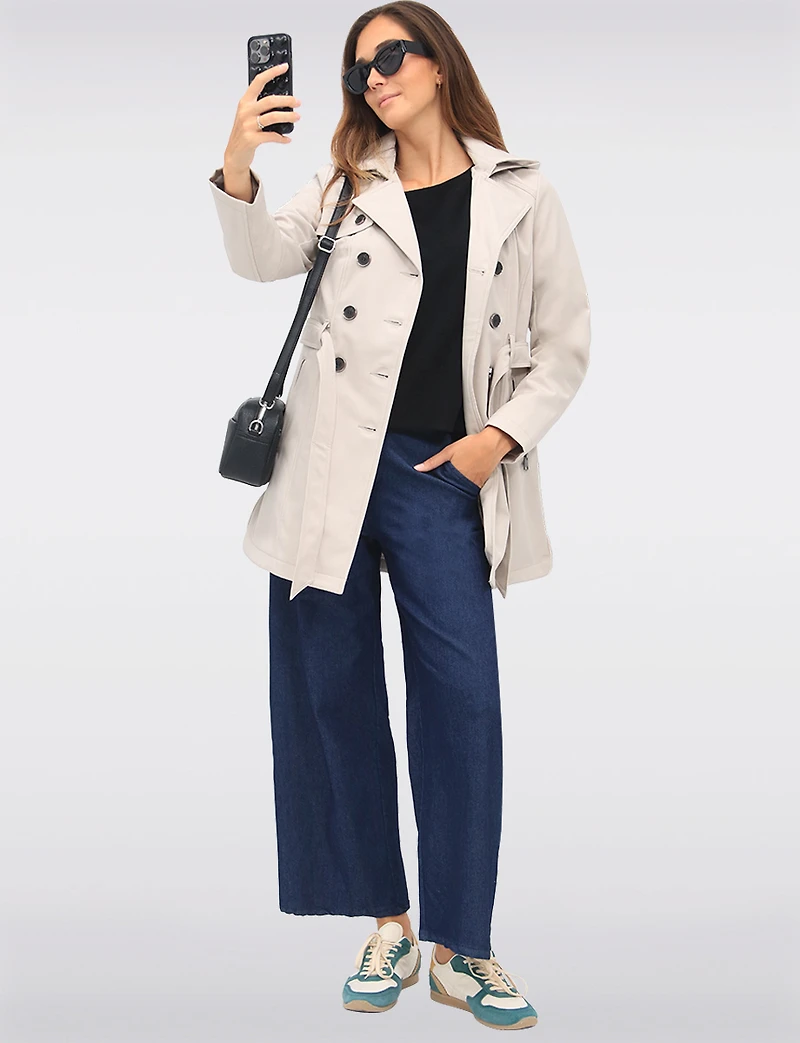 Vegan Hooded Belted Double-Breasted Water-Resistant Trench Coat with by Sebby