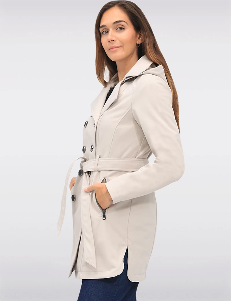 Vegan Hooded Belted Double-Breasted Water-Resistant Trench Coat with by Sebby