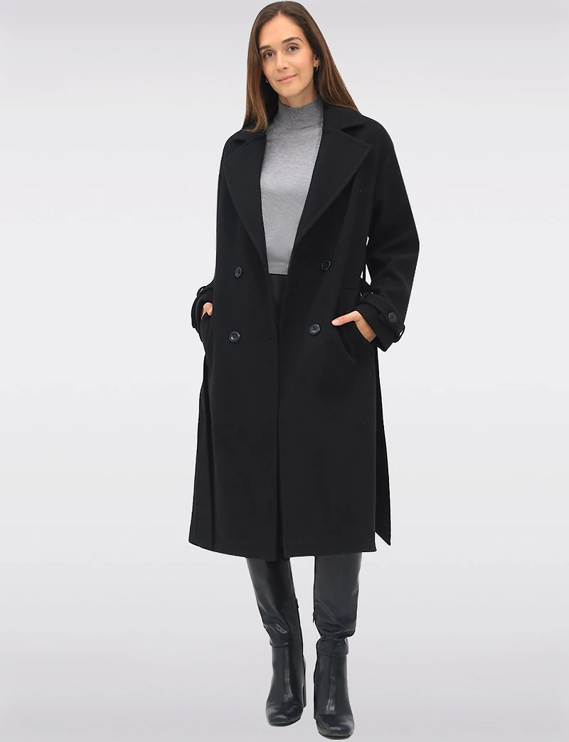Elegant Long Double-Breasted Coat with Removable Belt & Back Slit by Sebby