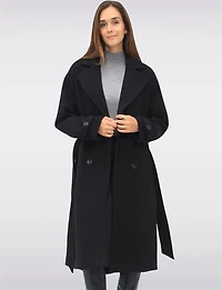 Elegant Long Double-Breasted Coat with Removable Belt & Back Slit by Sebby