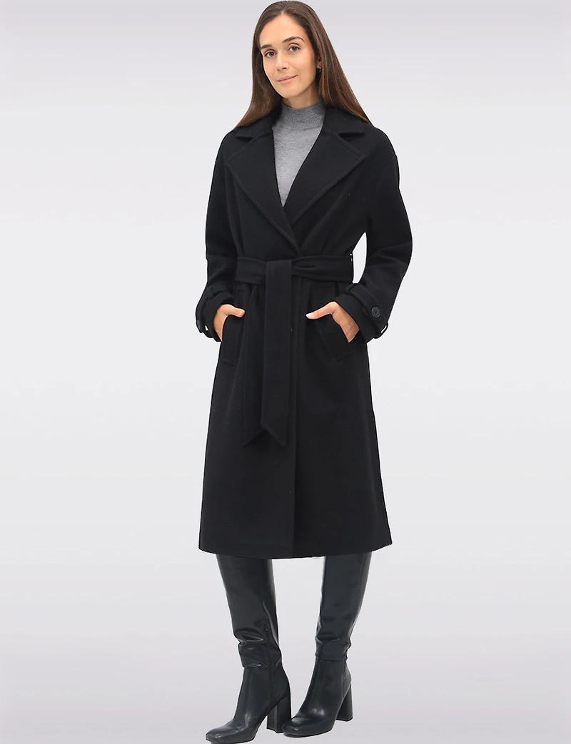 Elegant Long Double-Breasted Coat with Removable Belt & Back Slit by Sebby