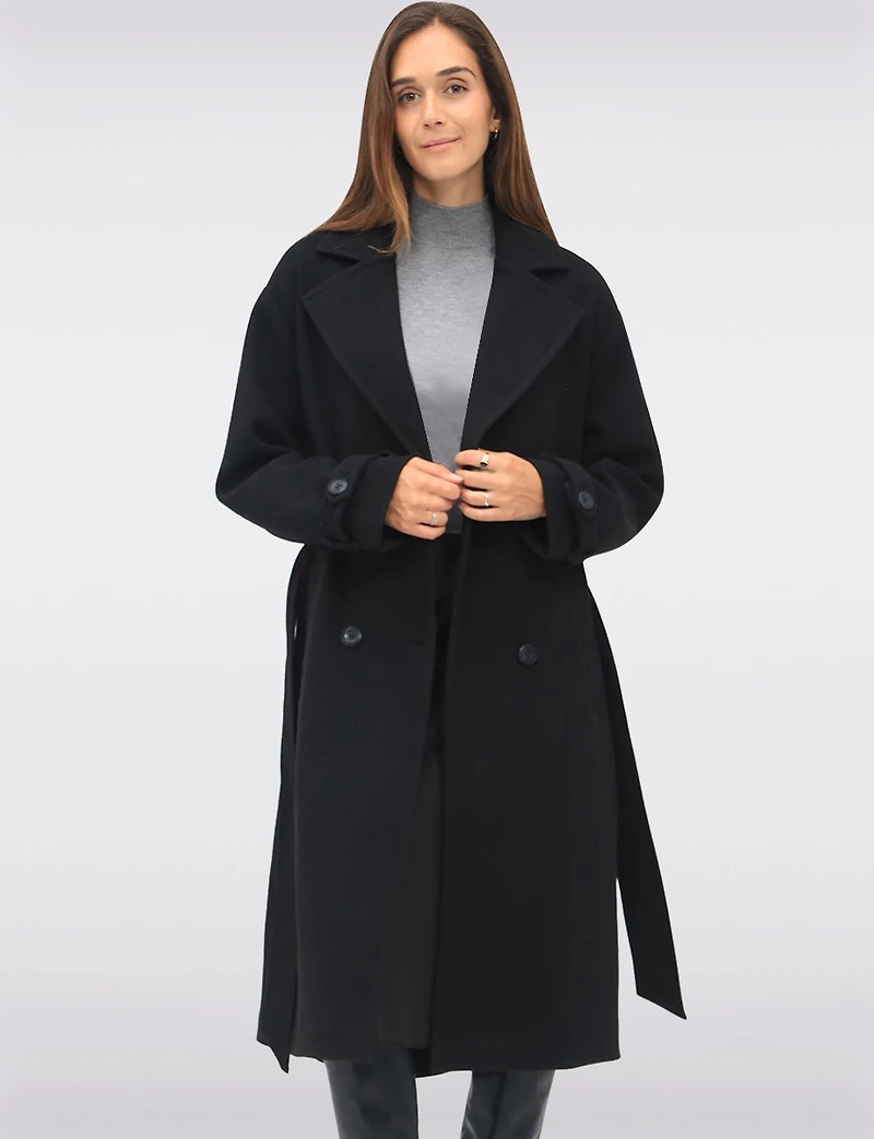 Elegant Long Double-Breasted Coat with Removable Belt & Back Slit by Sebby