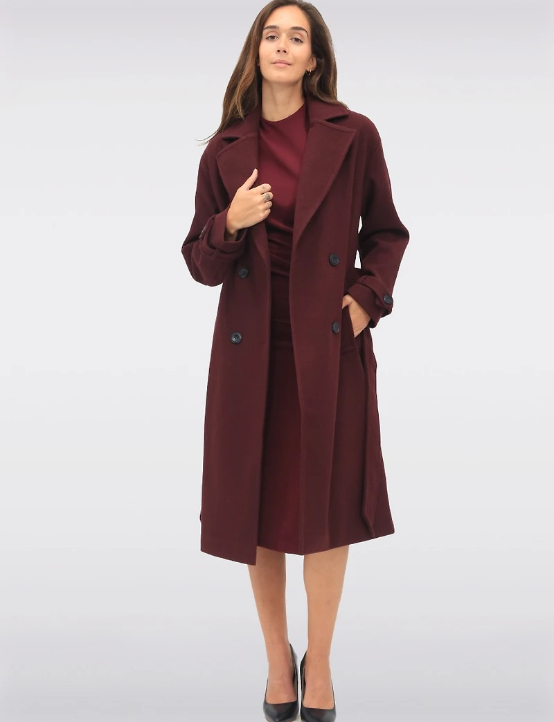 Elegant Long Double-Breasted Coat with Removable Belt & Back Slit by Sebby