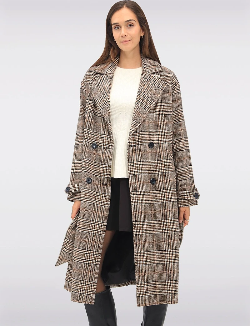 Elegant Long Double-Breasted Coat with Removable Belt & Back Slit by Sebby