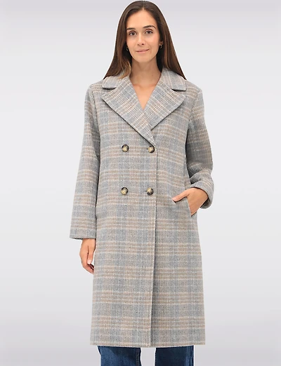 Elegant Wool-Blend Long Plaid Double-Breasted Coat with Notch Collar by Etage