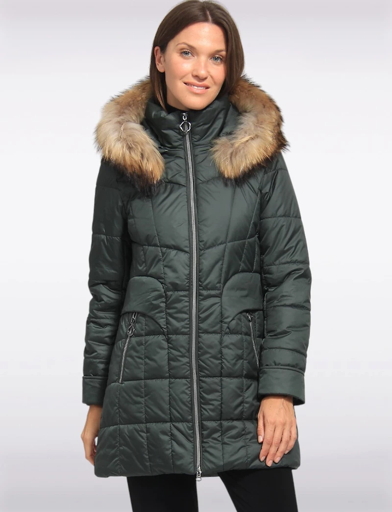 Quilted Jacket with Front Zip Flap Pockets and Genuine Fur Trim Hood by Danwear