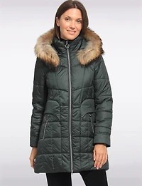 Quilted Jacket with Front Zip Flap Pockets and Genuine Fur Trim Hood by Danwear