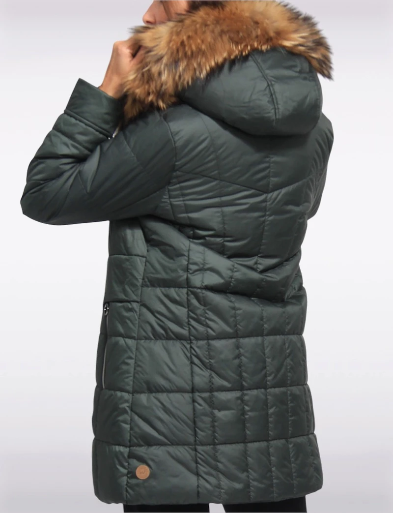Quilted Jacket with Front Zip Flap Pockets and Genuine Fur Trim Hood by Danwear