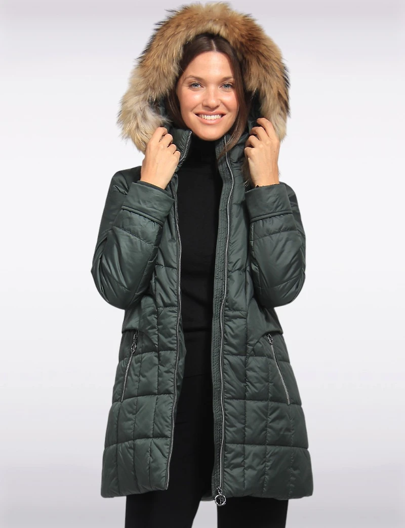 Quilted Jacket with Front Zip Flap Pockets and Genuine Fur Trim Hood by Danwear