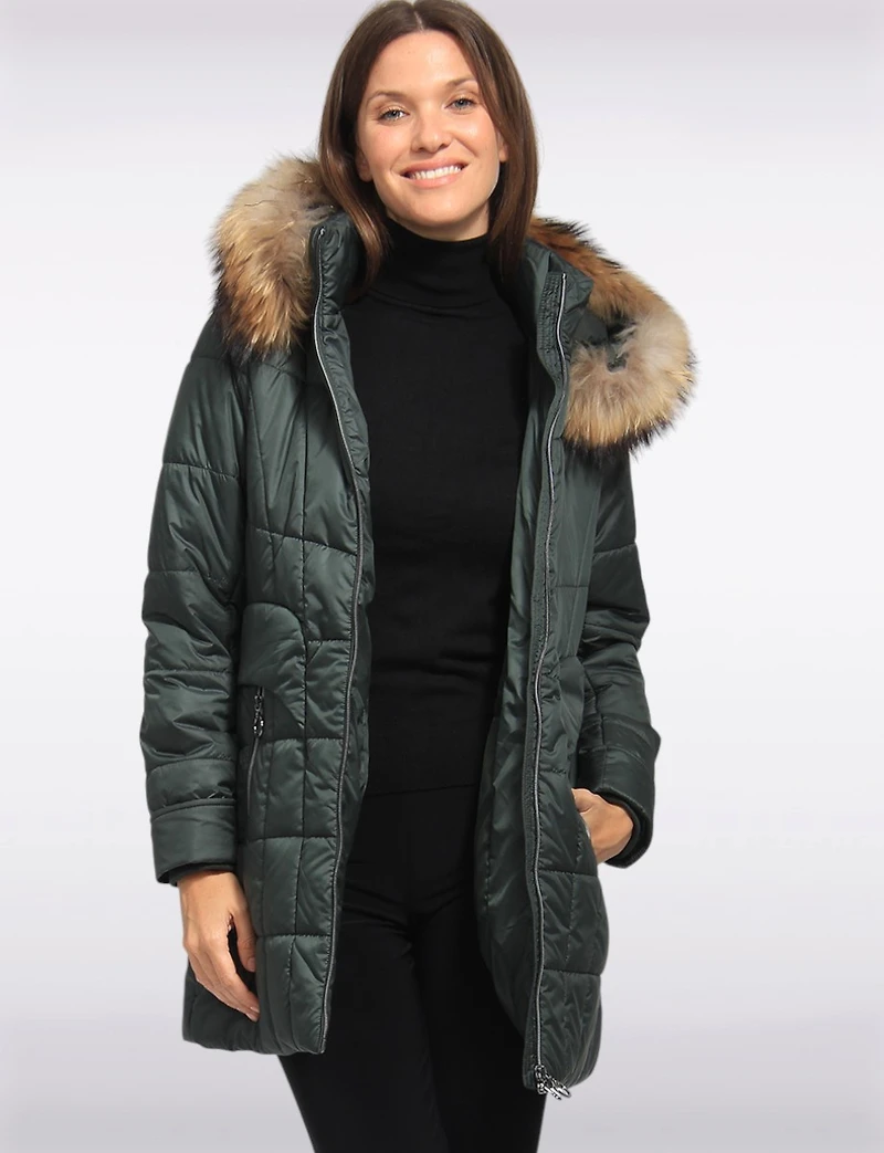 Quilted Jacket with Front Zip Flap Pockets and Genuine Fur Trim Hood by Danwear