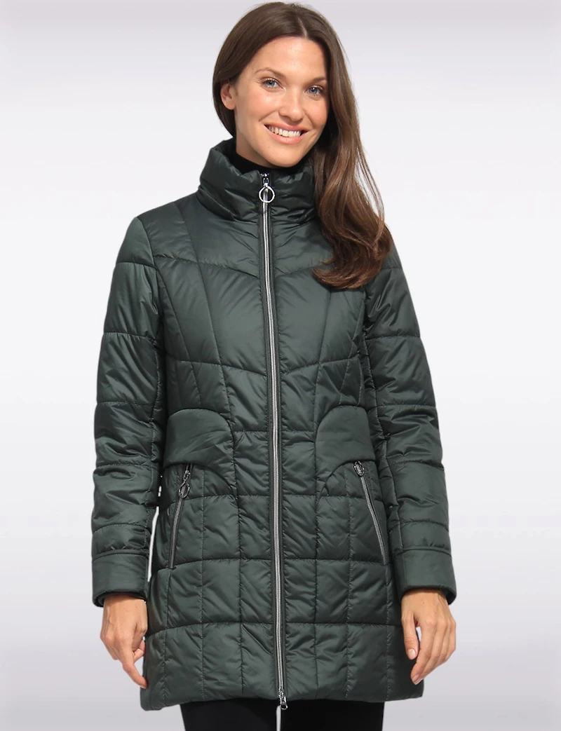 Quilted Jacket with Front Zip Flap Pockets and Genuine Fur Trim Hood by Danwear