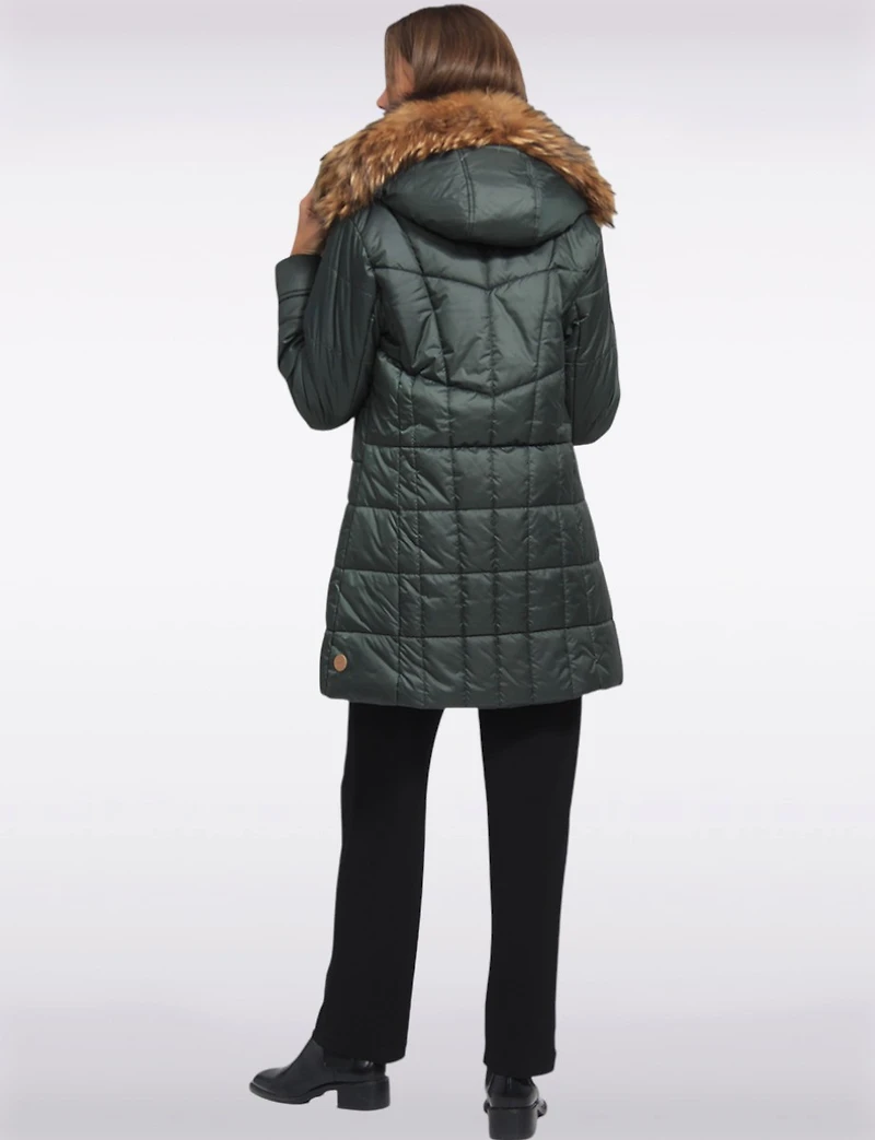 Quilted Jacket with Front Zip Flap Pockets and Genuine Fur Trim Hood by Danwear