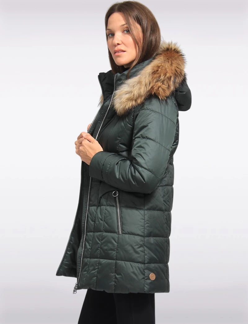 Quilted Jacket with Front Zip Flap Pockets and Genuine Fur Trim Hood by Danwear