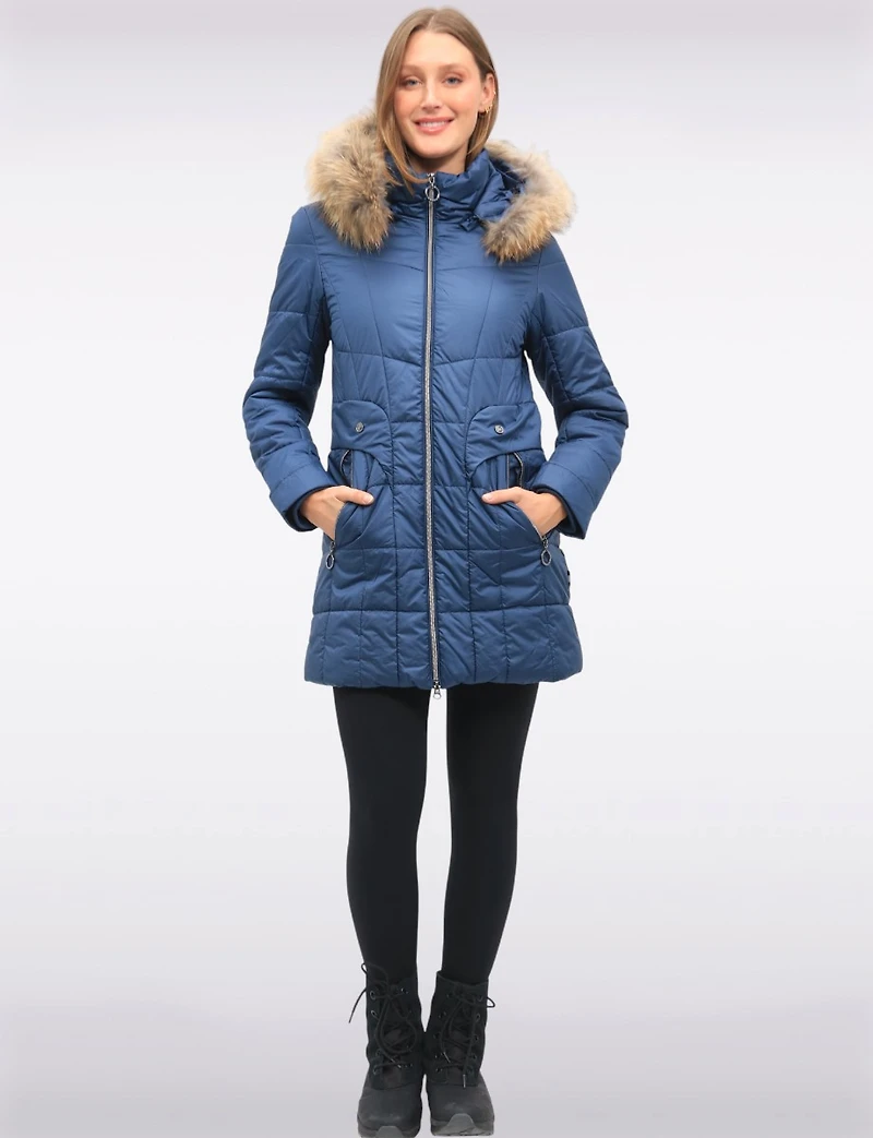 Quilted Jacket with Front Zip Flap Pockets and Genuine Fur Trim Hood by Danwear