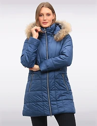 Quilted Jacket with Front Zip Flap Pockets and Genuine Fur Trim Hood by Danwear