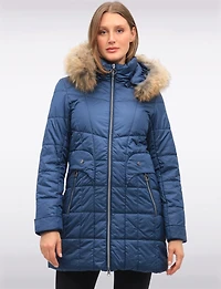 Quilted Jacket with Front Zip Flap Pockets and Genuine Fur Trim Hood by Danwear