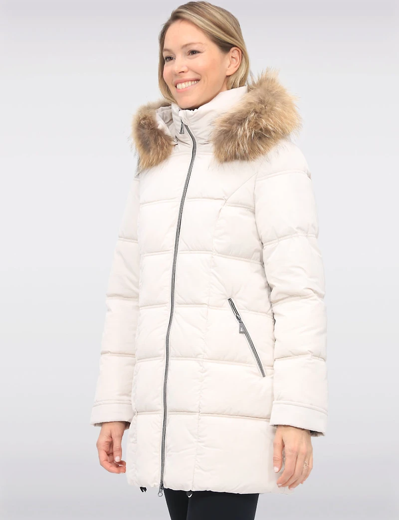Weather-resistant Mid-length Puffer Jacket with Genuine Fur Trim Hood by Danwear