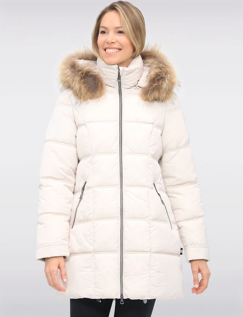 Weather-resistant Mid-length Puffer Jacket with Genuine Fur Trim Hood by Danwear