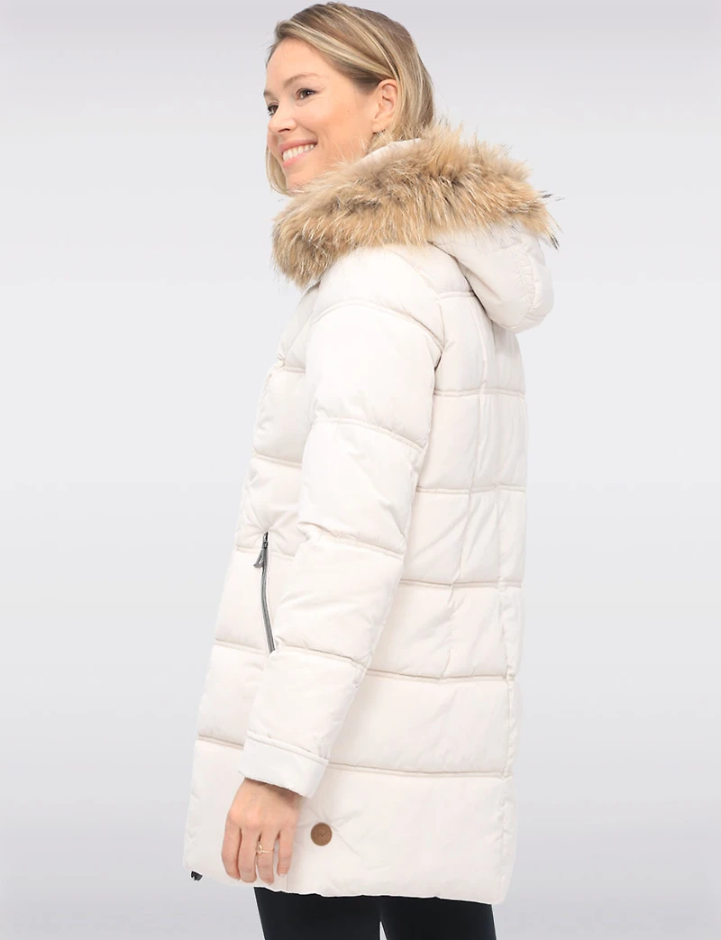 Weather-resistant Mid-length Puffer Jacket with Genuine Fur Trim Hood by Danwear