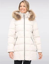 Weather-resistant Mid-length Puffer Jacket with Genuine Fur Trim Hood by Danwear