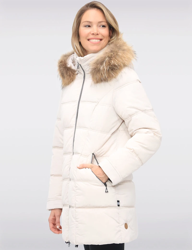Weather-resistant Mid-length Puffer Jacket with Genuine Fur Trim Hood by Danwear