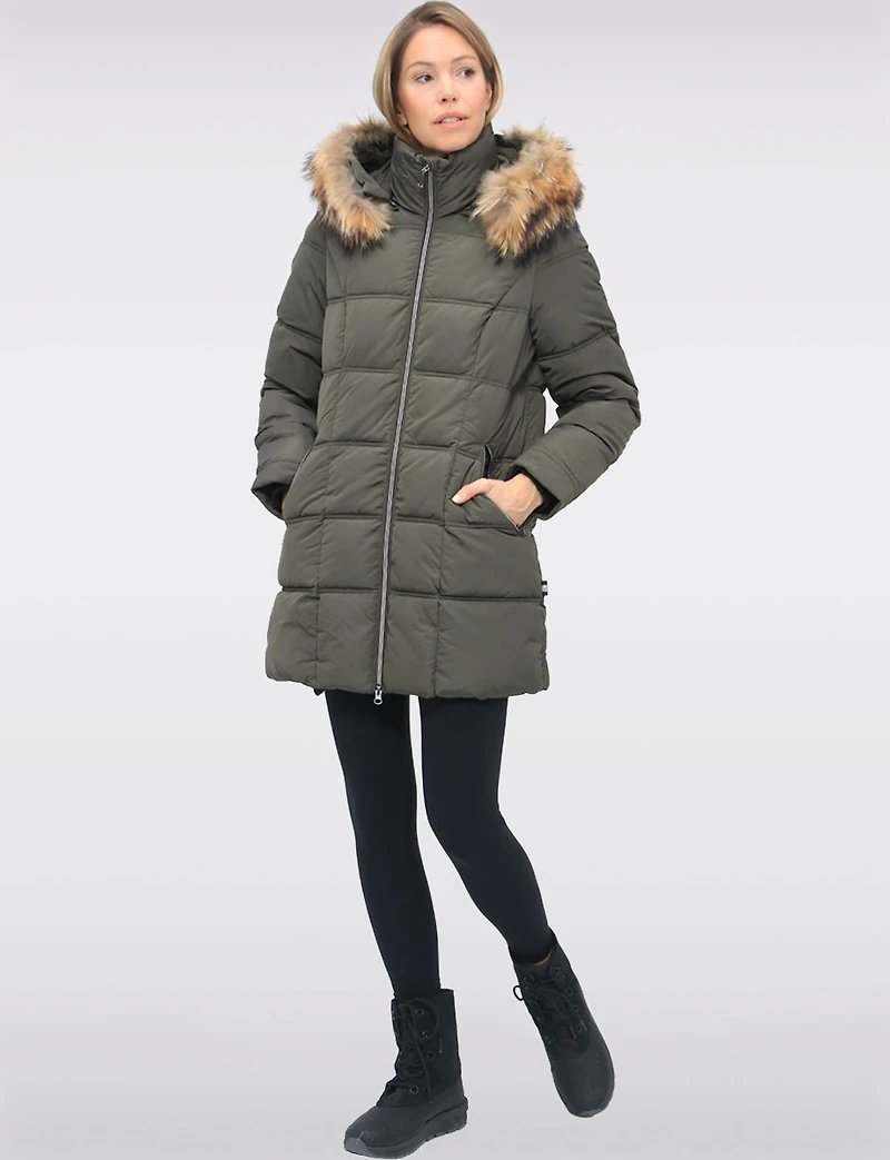 Weather-resistant Mid-length Puffer Jacket with Genuine Fur Trim Hood by Danwear