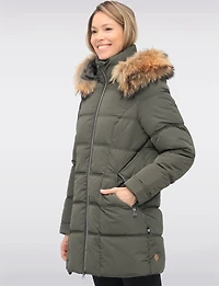 Weather-resistant Mid-length Puffer Jacket with Genuine Fur Trim Hood by Danwear