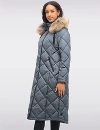 Long Diamond Quilted Puffer Coat with Genuine Fur Trim Hood by Danwear