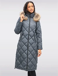 Long Diamond Quilted Puffer Coat with Genuine Fur Trim Hood by Danwear