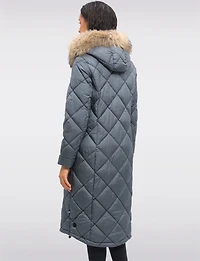 Long Diamond Quilted Puffer Coat with Genuine Fur Trim Hood by Danwear