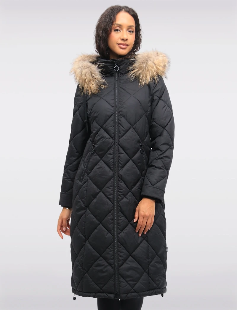 Long Diamond Quilted Puffer Coat with Genuine Fur Trim Hood by Danwear