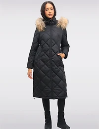 Long Diamond Quilted Puffer Coat with Genuine Fur Trim Hood by Danwear