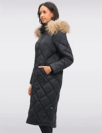 Long Diamond Quilted Puffer Coat with Genuine Fur Trim Hood by Danwear