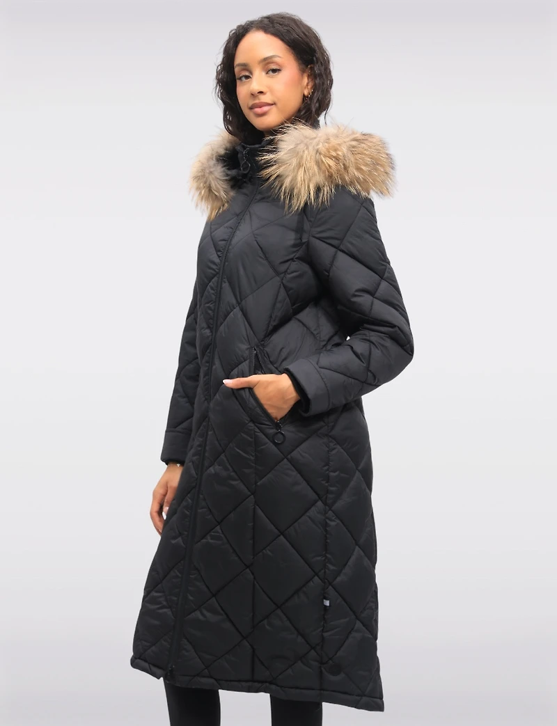 Long Diamond Quilted Puffer Coat with Genuine Fur Trim Hood by Danwear