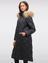 Long Diamond Quilted Puffer Coat with Genuine Fur Trim Hood by Danwear