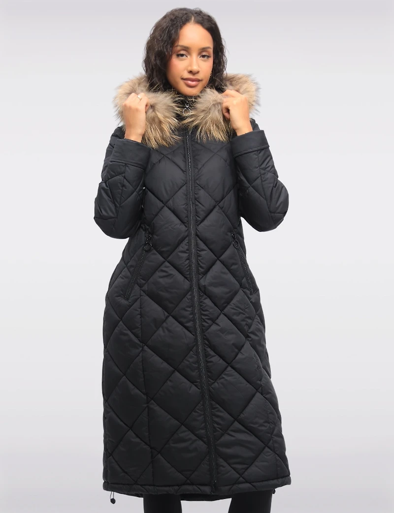 Long Diamond Quilted Puffer Coat with Genuine Fur Trim Hood by Danwear