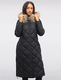 Long Diamond Quilted Puffer Coat with Genuine Fur Trim Hood by Danwear
