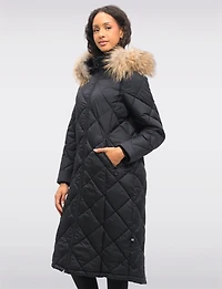 Long Diamond Quilted Puffer Coat with Genuine Fur Trim Hood by Danwear