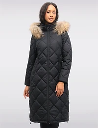 Long Diamond Quilted Puffer Coat with Genuine Fur Trim Hood by Danwear