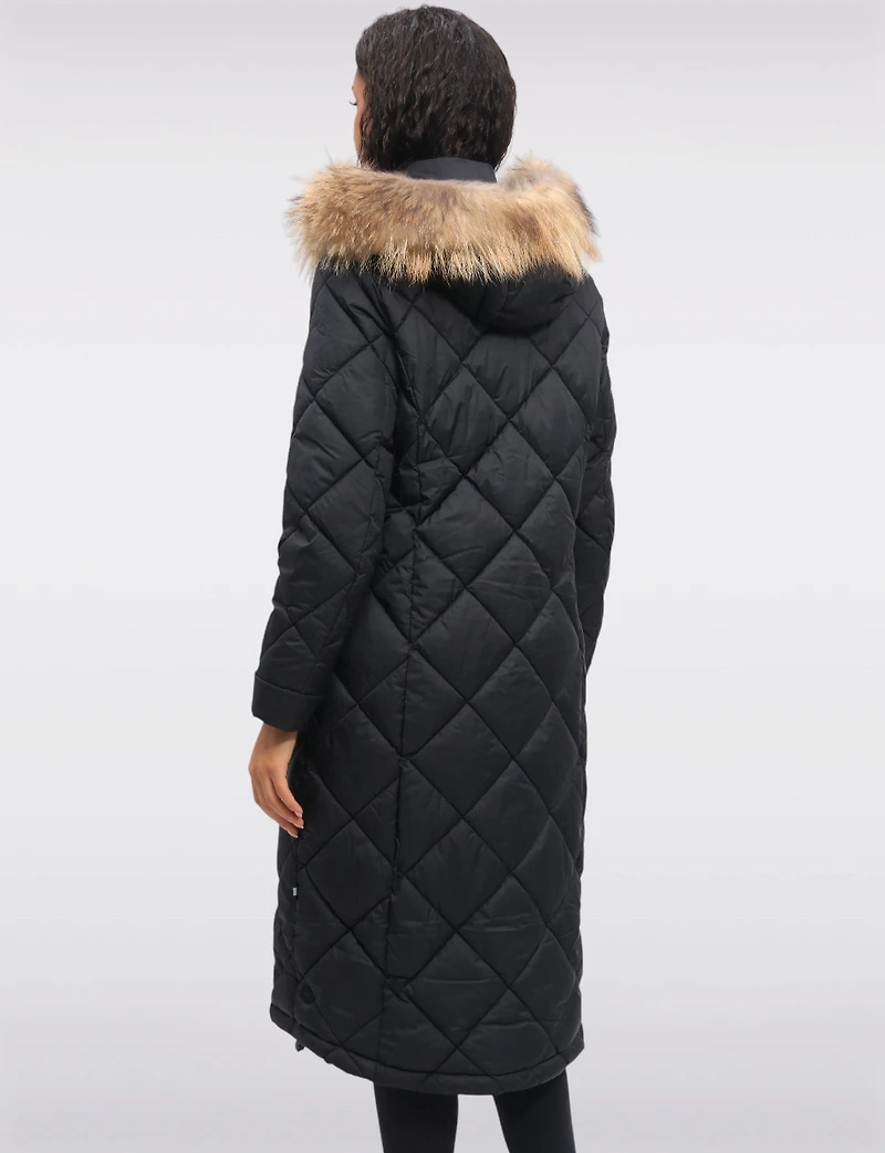 Long Diamond Quilted Puffer Coat with Genuine Fur Trim Hood by Danwear