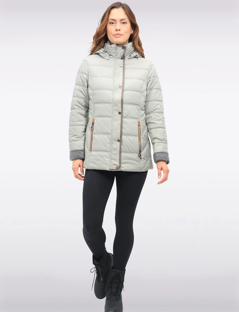 Quilted Jacket with Brown Trim Zip Front Pockets and Detachable Hood by Danwear