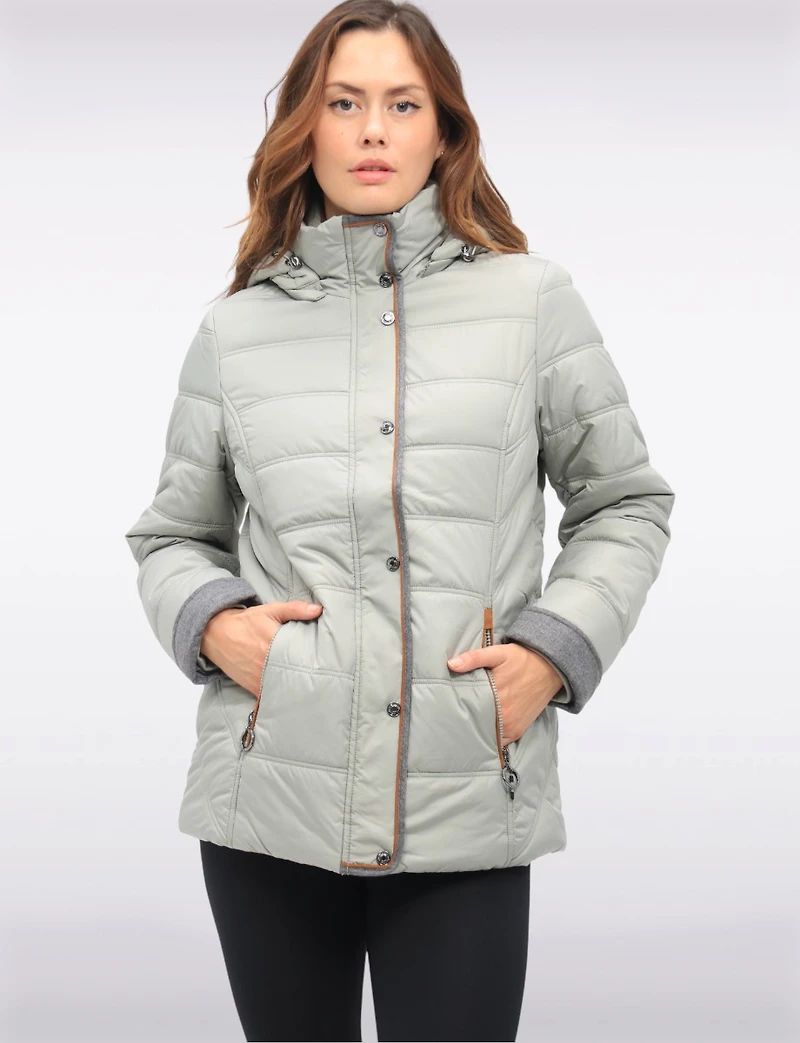 Quilted Jacket with Brown Trim Zip Front Pockets and Detachable Hood by Danwear