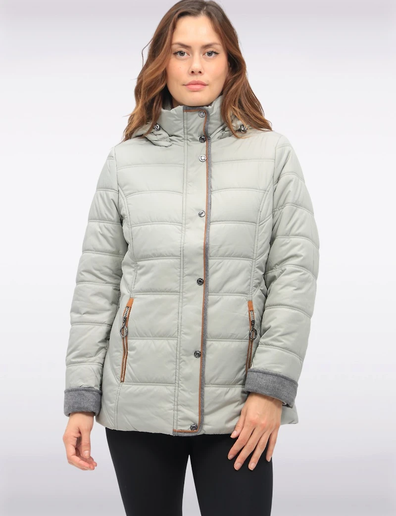 Quilted Jacket with Brown Trim Zip Front Pockets and Detachable Hood by Danwear