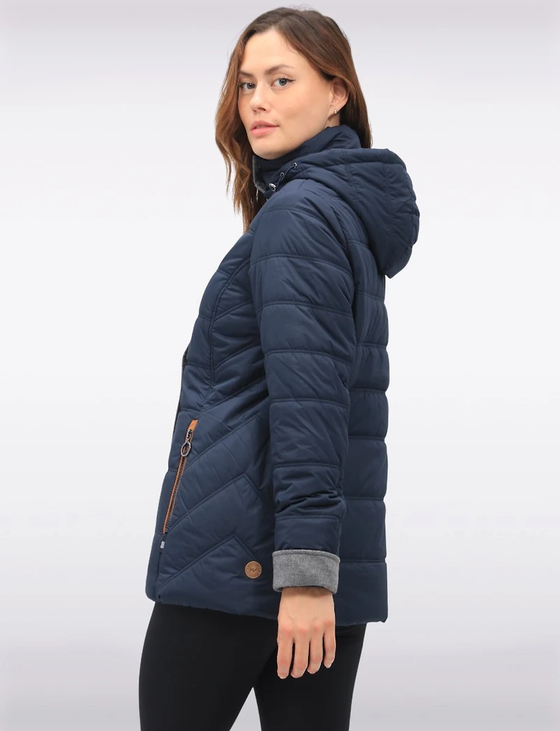 Quilted Jacket with Brown Trim Zip Front Pockets and Detachable Hood by Danwear