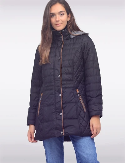 Diamond Quilted Jacket Brown Trim Zip Front Pockets & Detachable Hood by Danwear